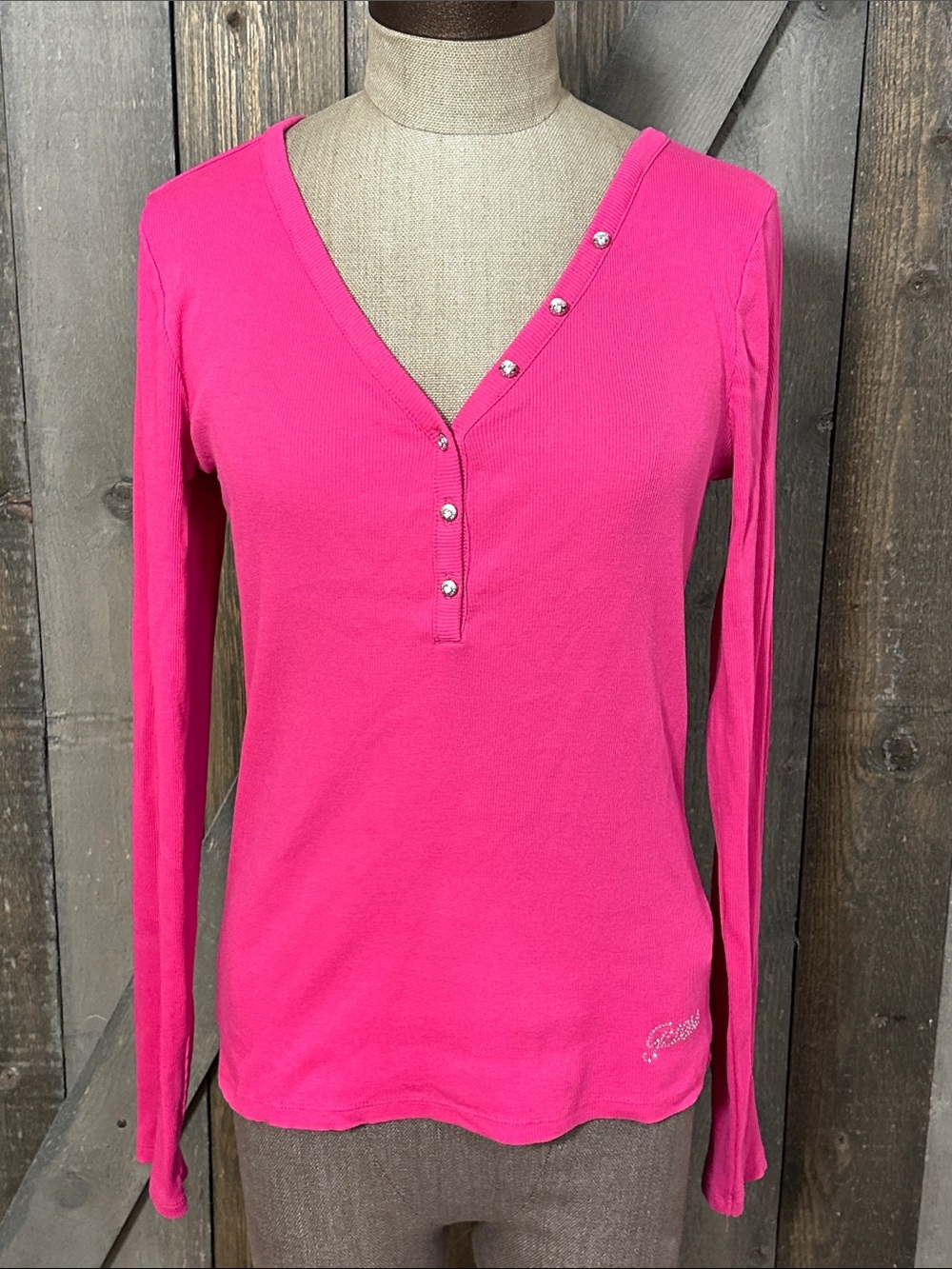Guess Y2K Pink Ribbed Henley Top Rhinestone Logo Organic Cotton Size Large